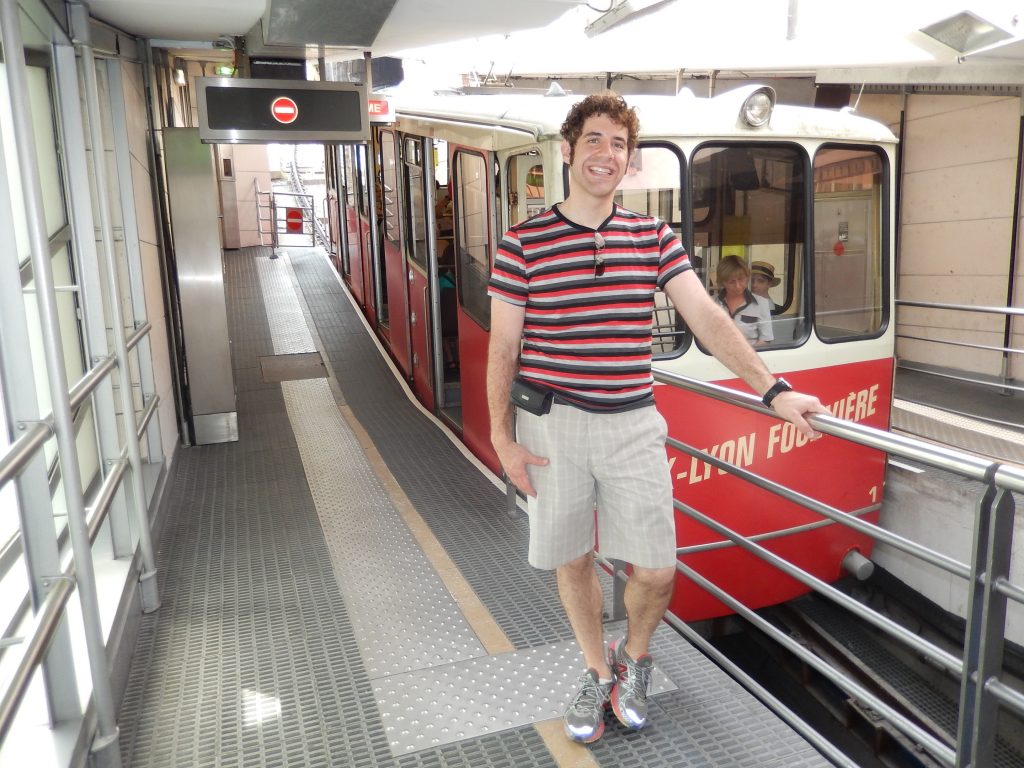 Riding the Lyon-Fourviére Funicular on our honeymoon